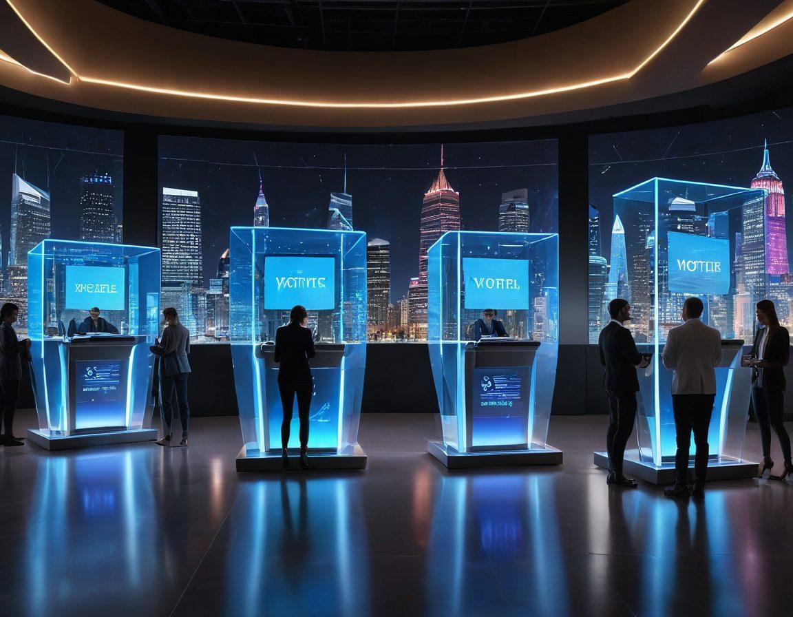 A futuristic voting booth with advanced technology interfaces and holographic displays, showcasing a diverse group of people engaging in electronic voting. Emphasize security features like biometric scanners and blockchain symbols, highlighting innovation in the electoral process. A backdrop of a city skyline with digital elements representing data flow and connectivity. super-realistic. vibrant colors. tech-inspired.