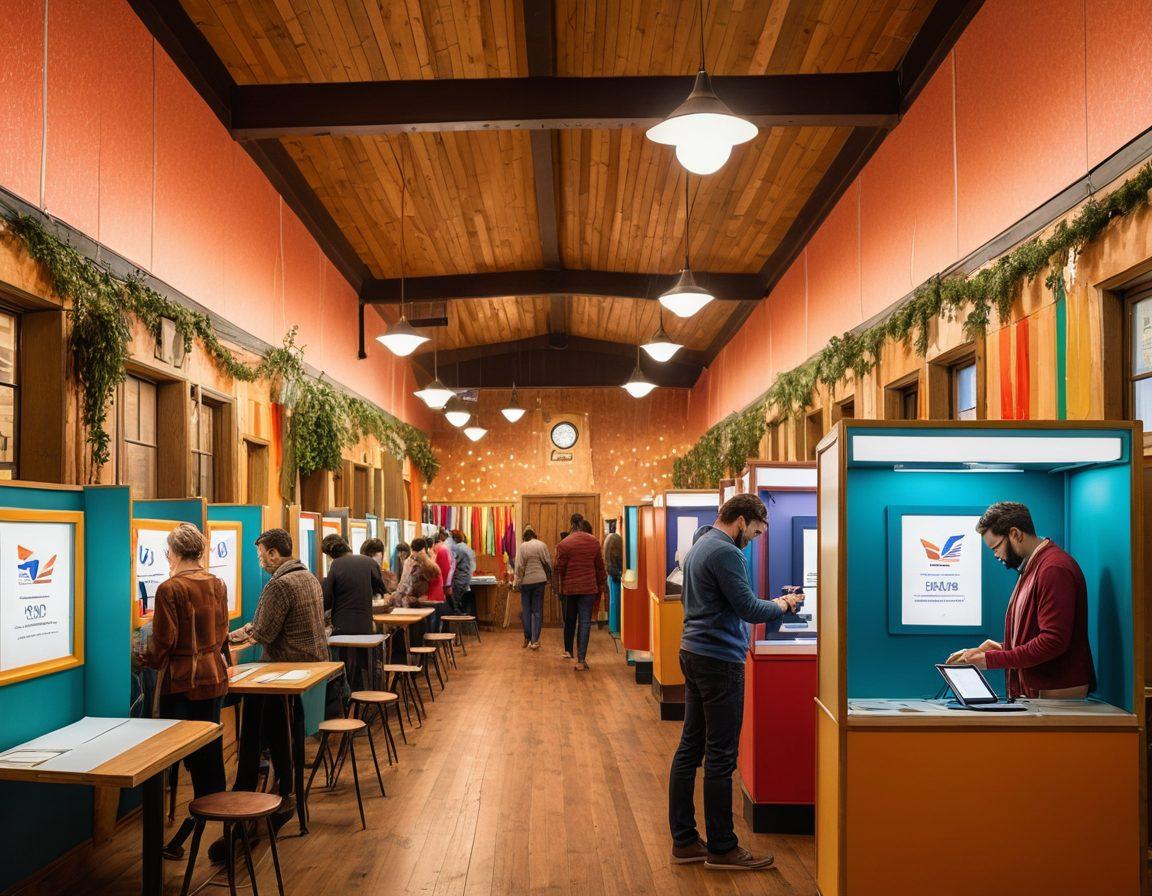 A split scene depicting the evolution of voting: on one side, an idyllic polling place with people casting votes in booths, vintage decor, and a sense of community; on the other side, a modern home where individuals engage in online voting on sleek devices, infused with digital connectivity and social media icons. The transition is illustrated with arrows showing progress from traditional to digital. bright colors. super-realistic. dynamic composition.